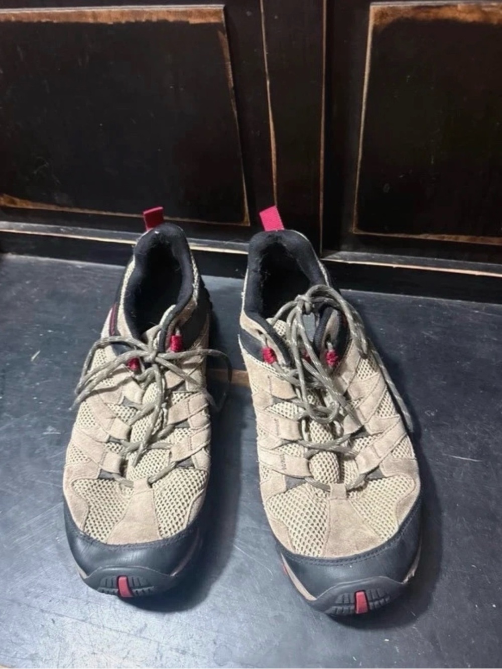 Merrell Men's Tan Athletic Hiking Sneakers with Red Accents